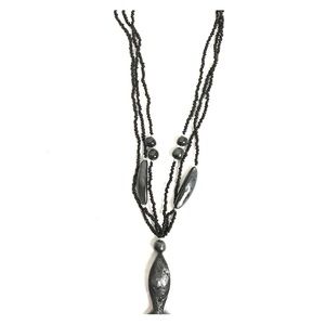 Black bead necklace with black fish pendant
